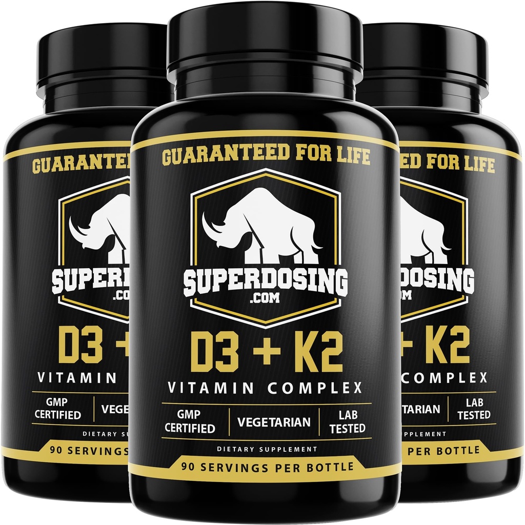 Bästa värde, Max Styrka 10 000 iu Vitamin D3 och 1500 mcg Vitamin K2 Supplements 3 Bottle Pack. D3K2 Vitaminer och tillskott för hälsan. D3-K2 MK4 kapslar, bästa K2D3-vitamin för immunsystem
