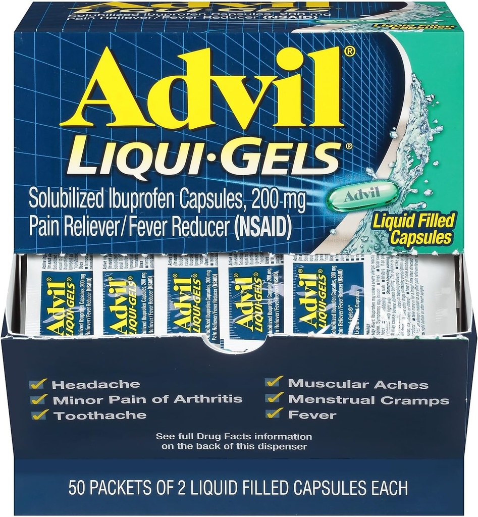 Advil Liqui-Gels Pain Reliever/Fever Reducer, Solubilized Ibuprofeeni 200 mg, 2/Packet, 50 Packets/Box (016902)