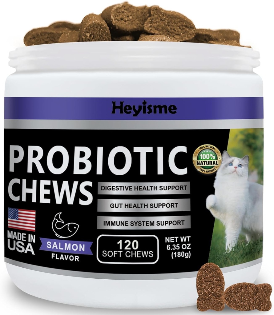 Cat Probiootti, Chews for Gut and Immunum Health, Kissat Probiootti täydentää Cat Ruoansulatuskanavan tuki, terve ruoansulatus, Kissan Ummetus ja ripuli Ripuli Relief (120 pillereitä, lohi)