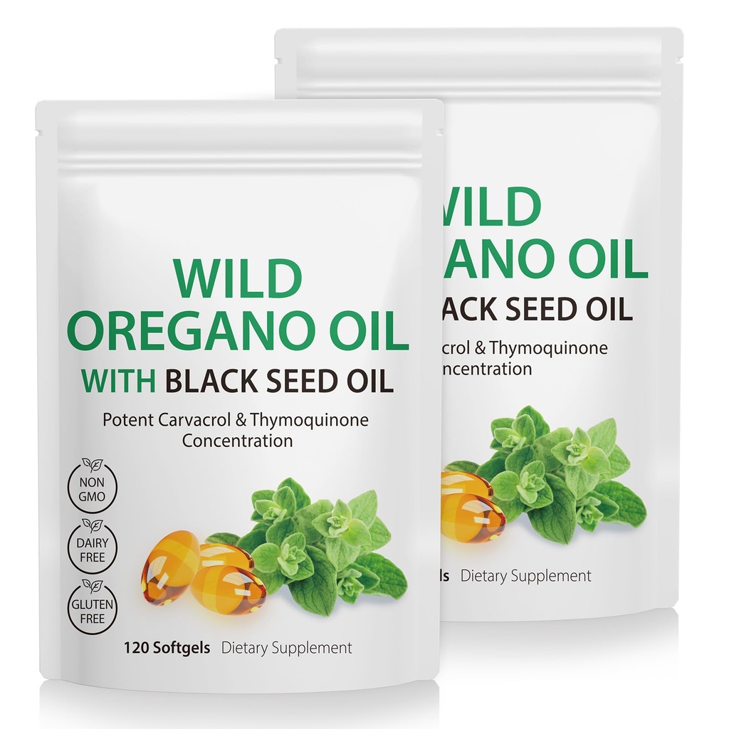 2 Pack Oil of Oregano Softgels, Oregano Oil Capsules, 165 mg Carvacrol, 2 in 1 Formuloitu Oil of Oregano kanssa Black Seed Oil 200mg, Oregano Oil Supplement Kapselit