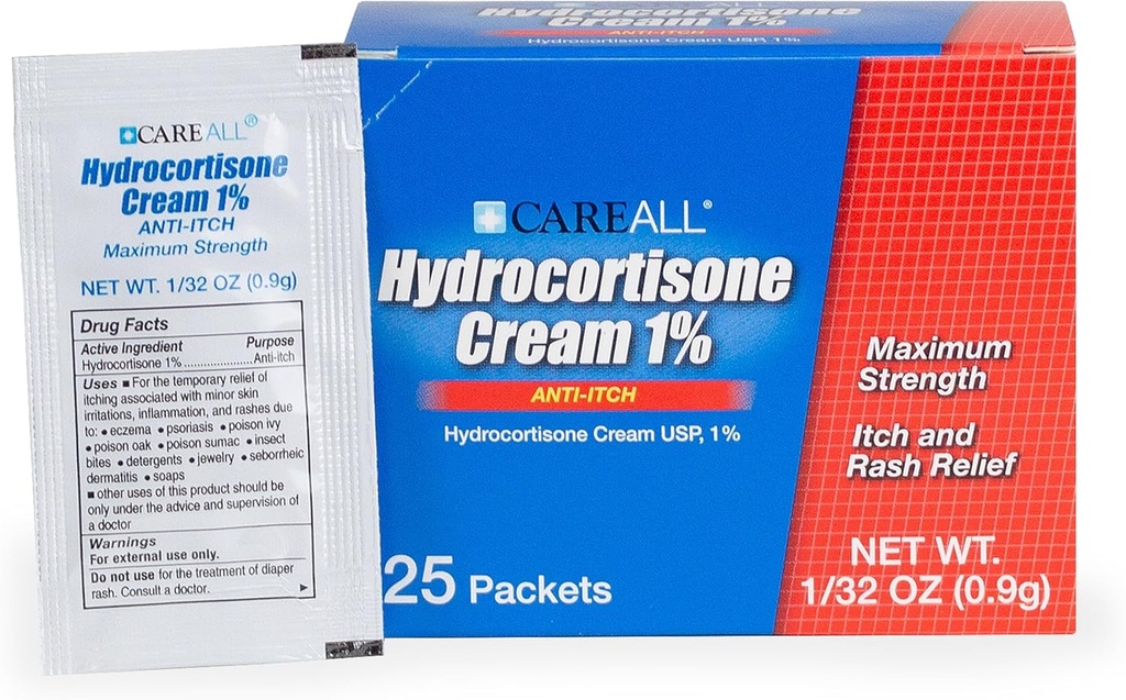 CareAll Hydrokortisoni Cream 1% (25 pakkaus), 0,9gr Foil Packet. Maximum Strength Formulation, Anti-Itch Rash Skin Cream lievittää kutina, ekseema, hyönteisten puremat, Myrkky Ivy, ja psoriaasi
