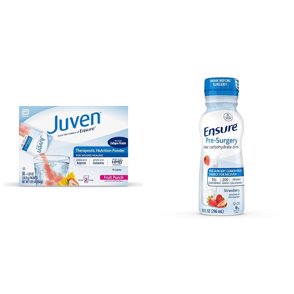 Juven Therapeutic Nutrition Drink Mix Powder for Wound Healing Support, Sisältää Collagen Protein, Fruit Punch, 30 Count & Varmistu ennen leikkausta, kirkas Hiilihydraatti Drink, Mansikka, 10 fl oz, 4 Count