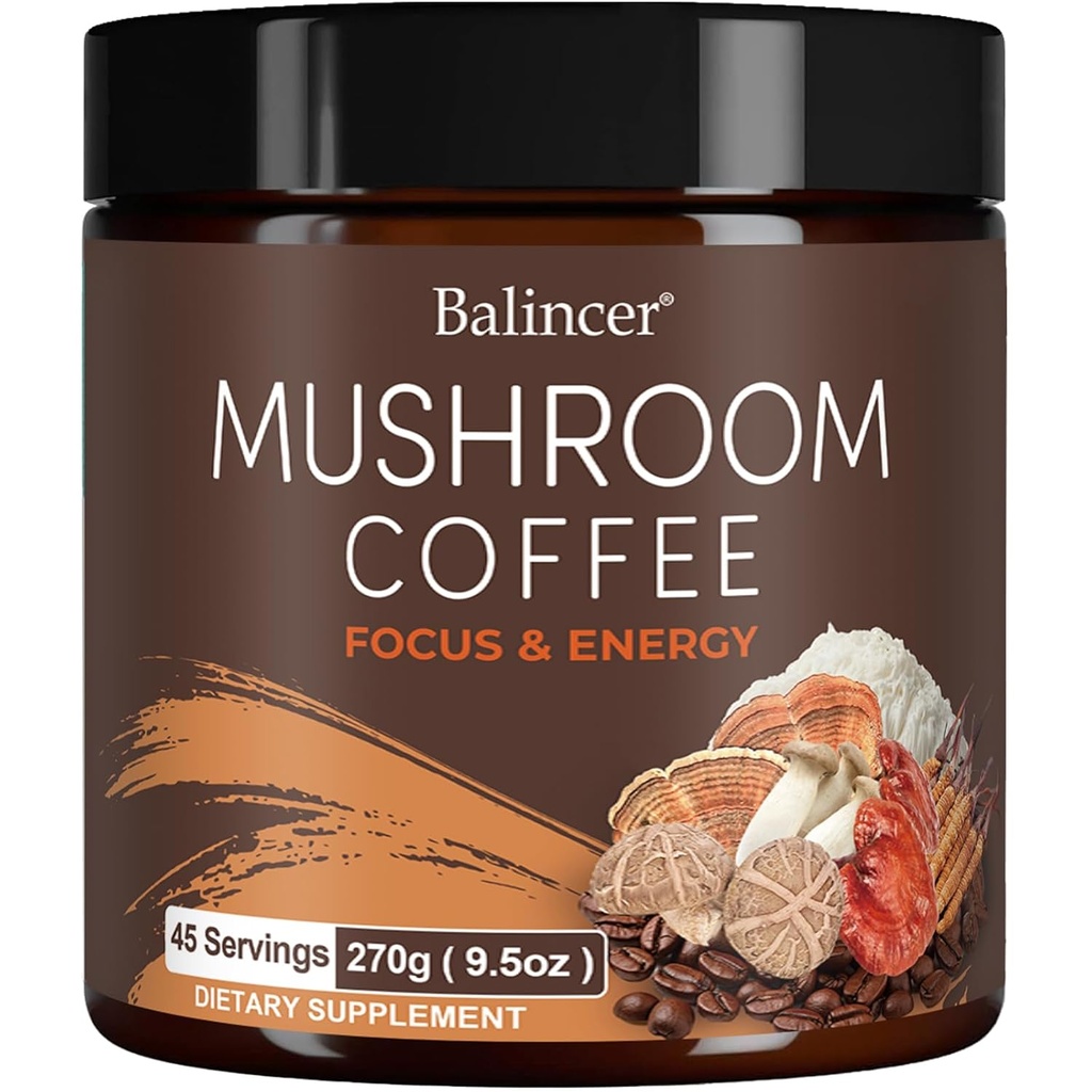 Mushroom Coffee, 6 Adaptogenic Mushrooms med Lion's Mane, Cordyceps, Turkiet Tail & More, Instant Mushroom Coffee för fokus, energi, immun & Digestion Support