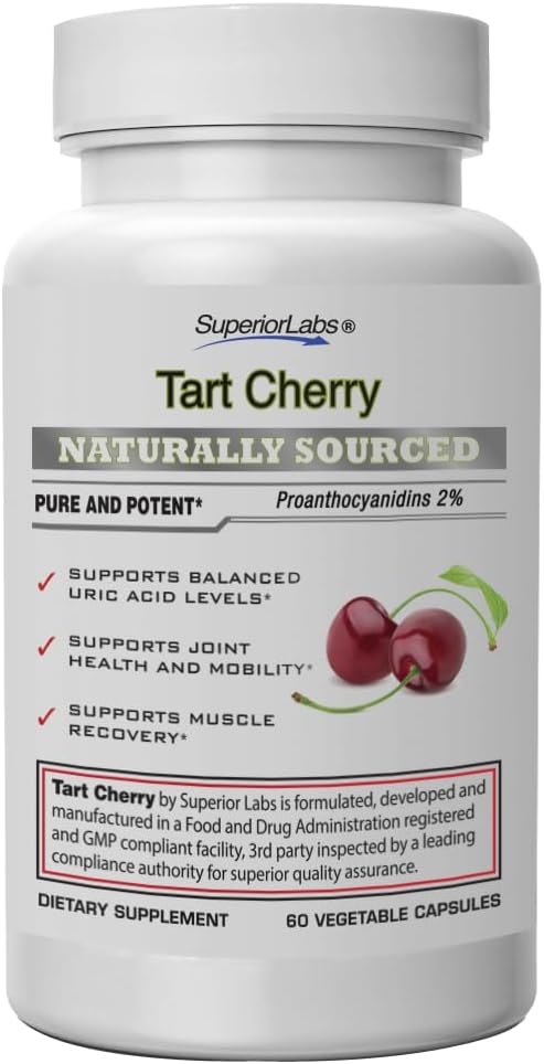 SuperiorLabs Tart Cherry 1000 mg Extract, 2% Proanthocyanidins, stöder balanserade urinsyranivåer, Celery Seed & Black Pepper Extracts för maximal absorption, 60 Veg Caps