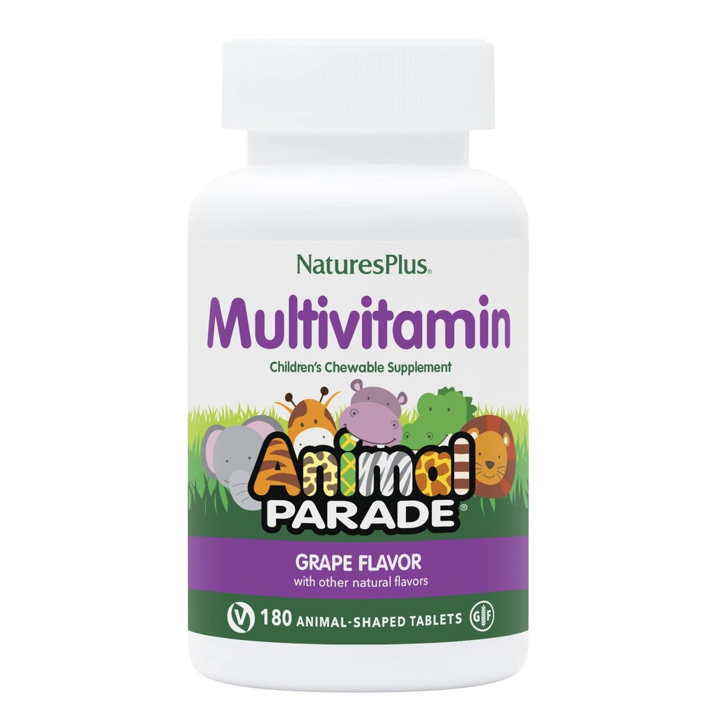NaturesPlus Animal Parade Lasten pureskeltava monivitamiini - Rypäleen maku - 180 Eläinten muotoillut tabletit - edistää terveyttä ja hyvinvointia - Kasvisruokaa, Gluteeniton - 90 Tarjoilu
