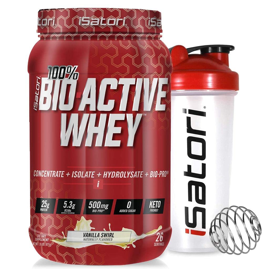 iSatori Bio-Active Whey Protein Powder - Vanilla Swirl (30 tarjoilua) & iSatori Classic Blender pullo (Clear Bottle Red Top)