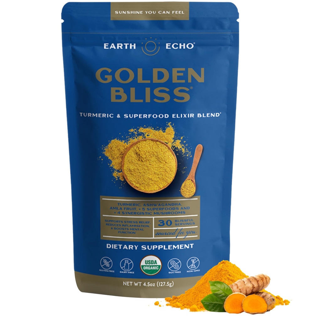 Earth Echo Golden Bliss, Organic Turmeric Superfood Elixir Blend Ashwagandha juuri, MCT öljy ja 4 Sienten Blend lepoun, Immuuneja tukea ja vähentää himoa, Dairy-free, 30 tarjoilua