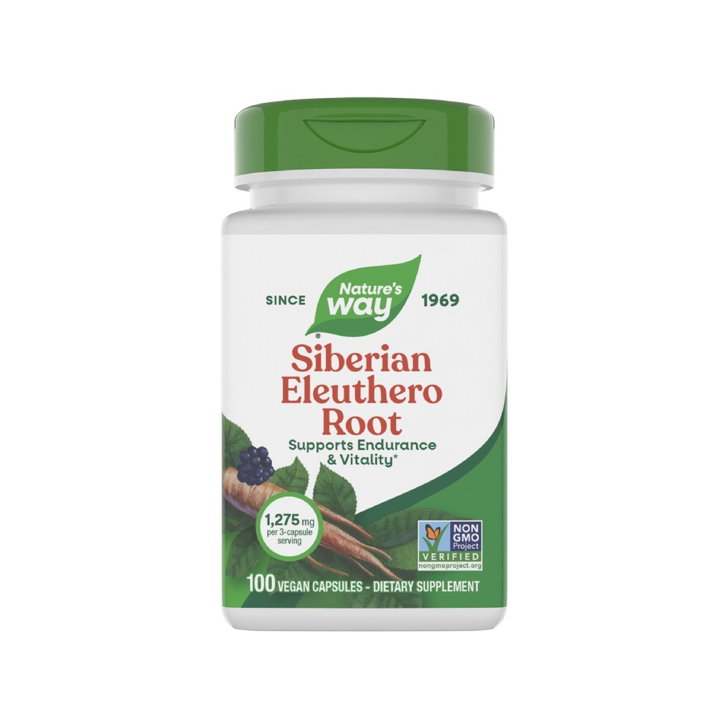 Nature's Way Premium Herbal Siperian Eleuthero Root Supplement, Tukee Endurance & Vitality*, Adaptogen*, 1,275mg per 3-Capsule Serving, non-GMO Project Varmennettu, 100 kapselia (Pakkaus May Vary)