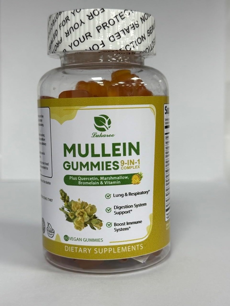 Lukaree 9 in 1 Mullein Gummies, Mullein Leaf Extract w/Quercetin, bromelain, Elderberry & Marshmallow for Immuuni, Vegan,60 Count