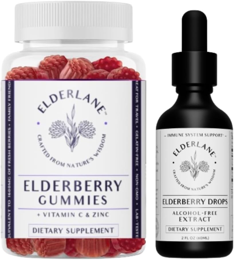 Elderlane Elderberry Tincture ja Elderberry Gummies - Entinen RD Naturals - Immuuni tuki täydentää aikuisille ja lapsille - 2 Oz Drops ja 60ct Gummies
