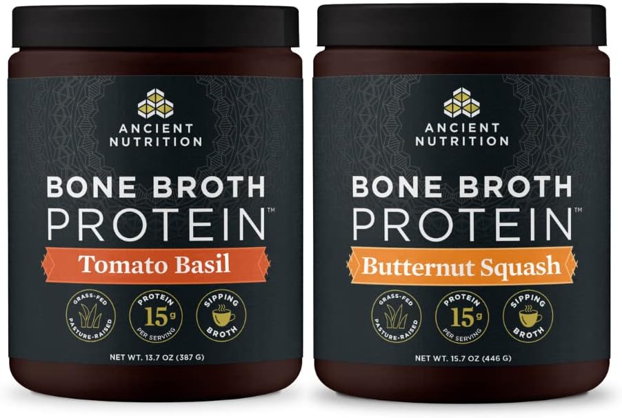 Ancient Nutrition Bone Broth Protein Powder, Tomaatti Basil, 15 tarjoilua + Bone Broth Protein Powder, Butternut Squash, 15 tarjoilua