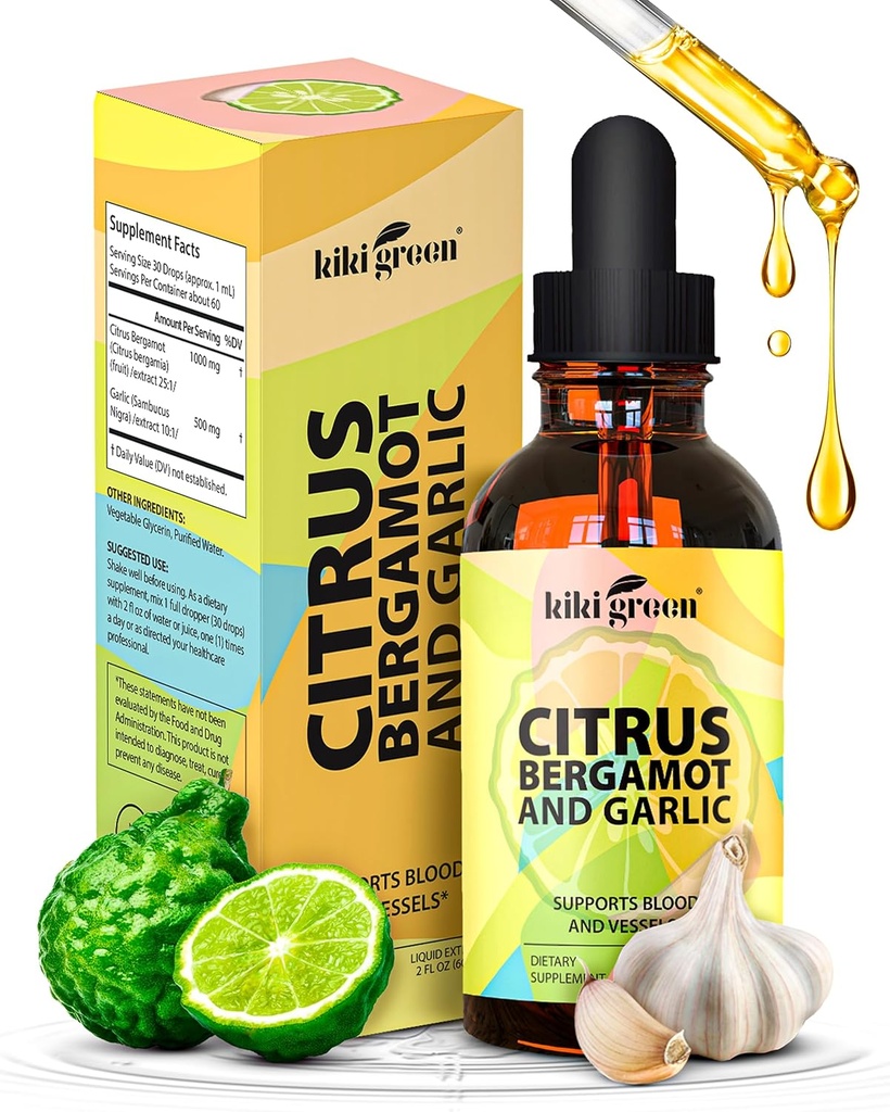 KIKI Green Liquid Citrus Bergamot & Valkosipuliuute - Citrus Bergamot Supplement for Heart Health, Immuno System Tuki ja terve ikääntyminen ei-GMO, Gluteenittomat täydentää 2 Fl Oz.