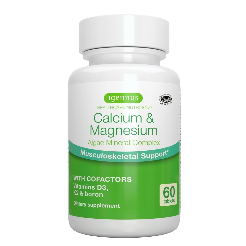 Igennus Algae Calcium & Magnesium Supplement, Plant Based, High Absorption, K2 & D3, Ei-GMO Red Algae Mineral Complex for Bone & Hampaiden tuki, naisille ja miehille, Boron, Vegan, 60 tablettia