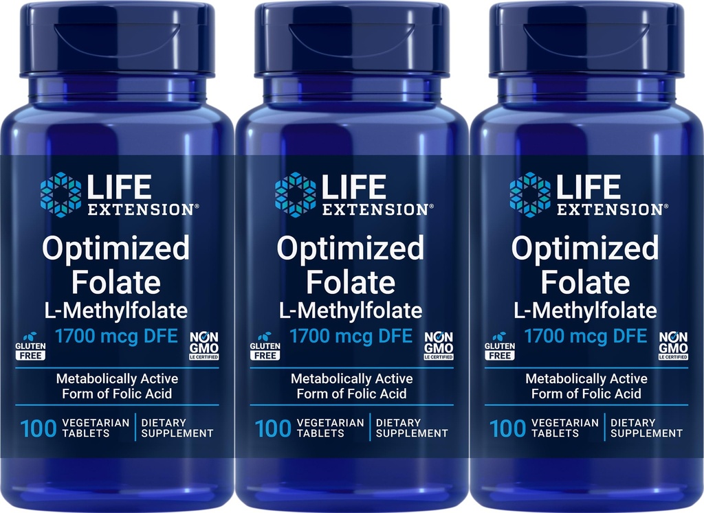 Life Extension Optimoitu Folate 1700 mikrog DFE, 100 kasvisruokaa tabletteja (paketti 3)