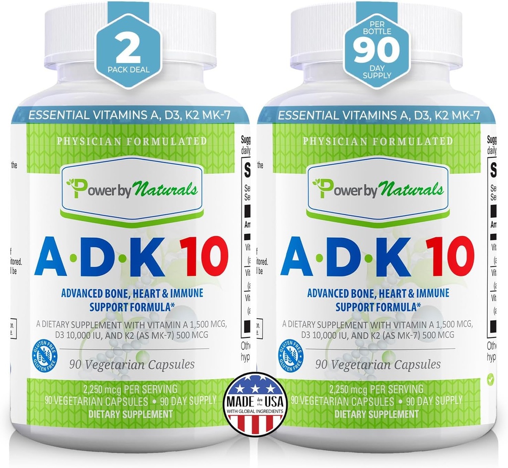 Power By Naturals ADK-vitamiinilisä ... ADK 10 High Potency with vitamiins A, D3 10 000 IU & K2 MK7 for Superior Heart, Immuno & Bone Health Support 
