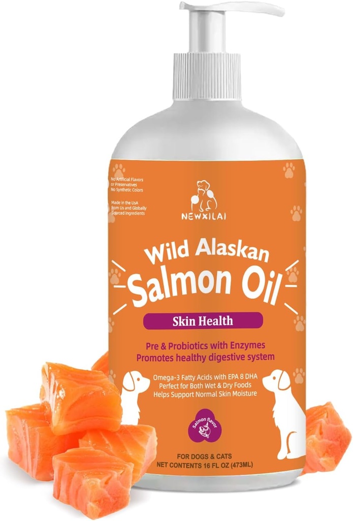 Wild Alaskan Salmon Oil for Dogs & Cats, Omega-3 Fish Oil Supplement with EPA & DHA, Support Skin Health, Kiiltävä turkki, Vahva Joint & Allergia Relief - Pump Bottle 16oz
