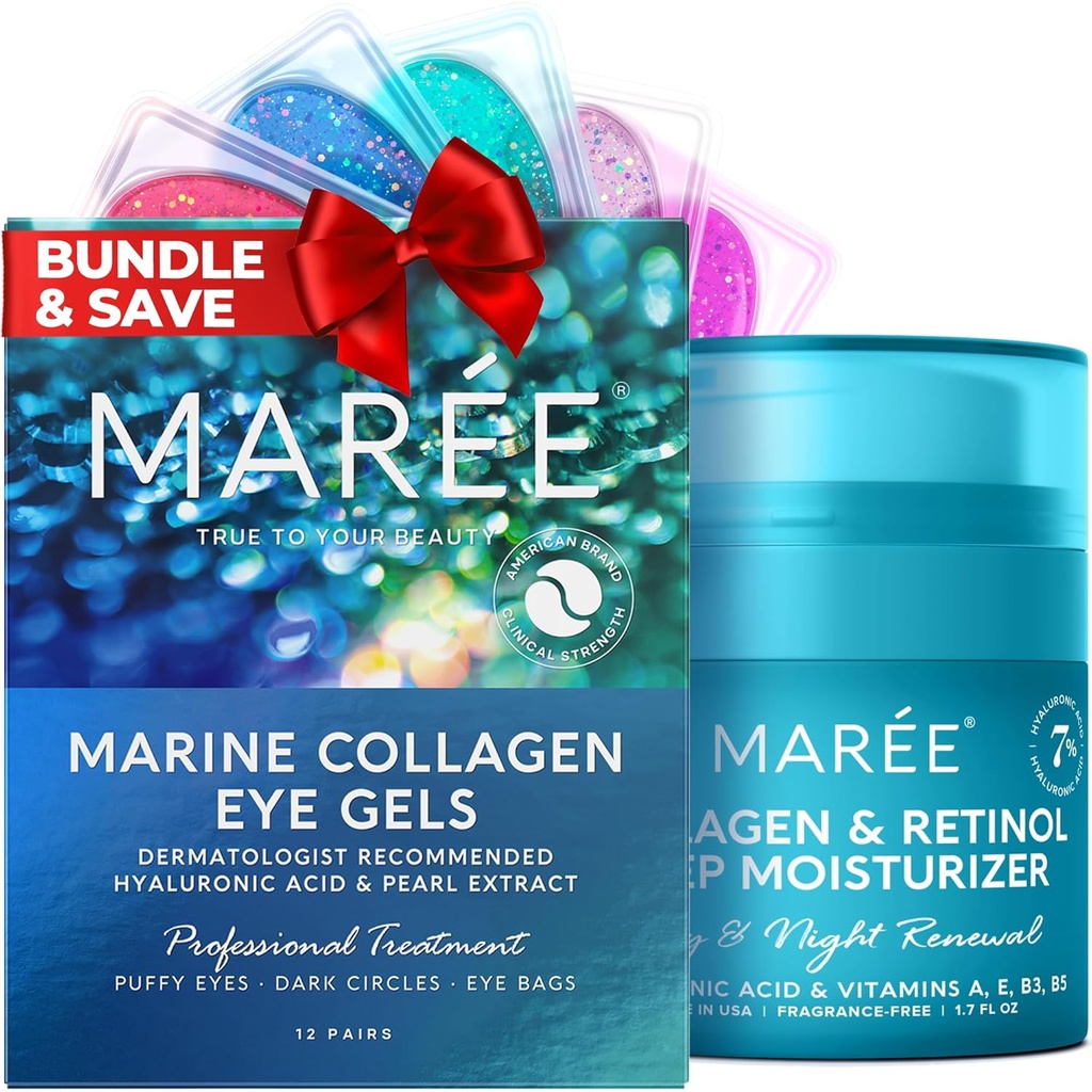 MAREE Eye Gels & Collagen Moisturizer Face Cream Bundle - alla silmägeelit Puffy silmät ja tummat ympyrät, anti ikääntyminen kasvovoide kosteuttava vaikutus - Marine Collagen & Hyaluronic Acid, retinol