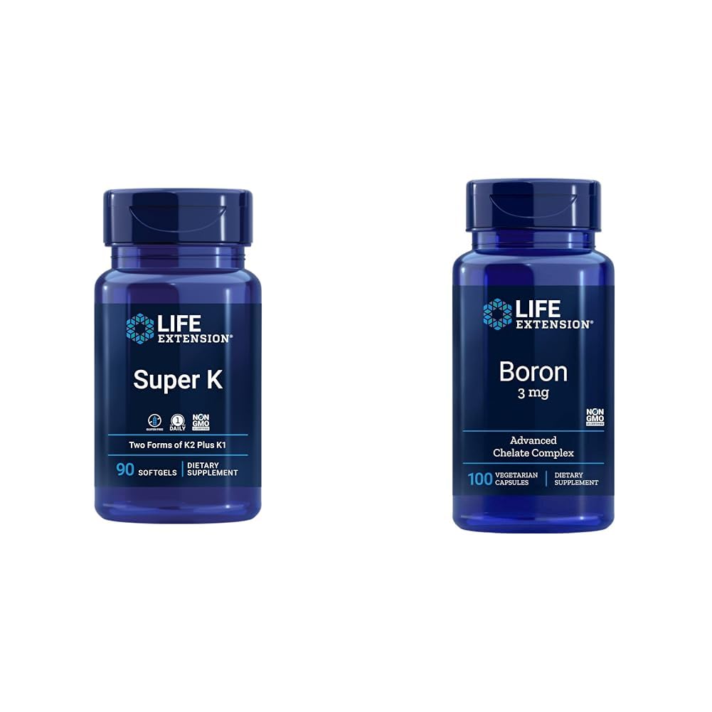 Life Extension Super K-vitamiini K1, K2 MK-7, MK-4, C-vitamiini, Bone/Heart Health, 3-kuukautinen tarjonta ja Boron 3 Mg 100 kasvissyöjän kapselit