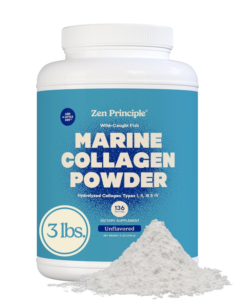 Zen Periaate Marine Collagen Peptides Powder 3lb. Wild-Caught Fish, ei-GMO. Tukee terve iho, hiukset, nivelet, ja luut. Hydrolysoitu tyyppi 1 & 3 proteiinia. Aminohapot, mauttomat, helppo sekoittaa.