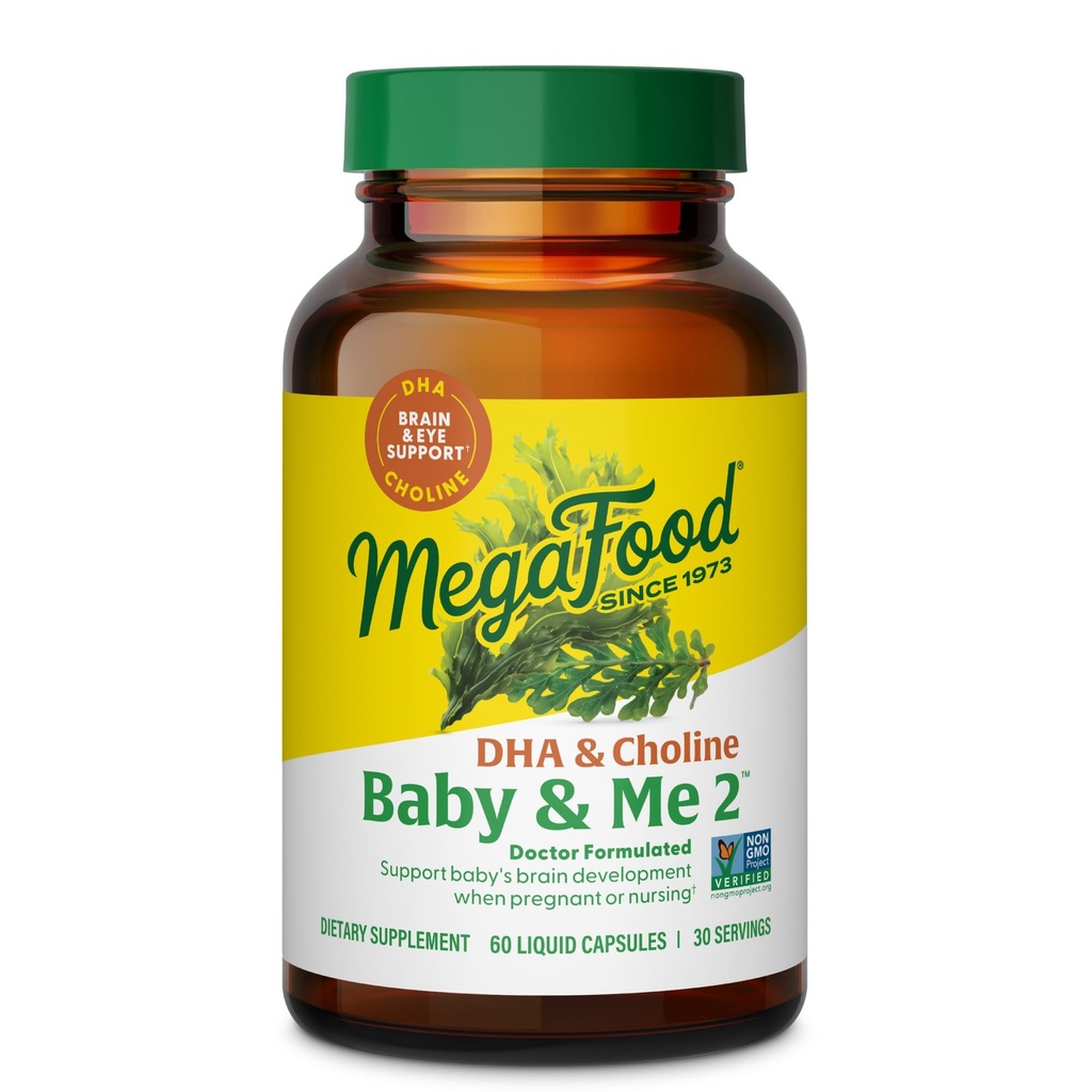 MegaFood Baby & Me 2 Prenatal Vitaminer för kvinnor, DHA & Choline Supplements, flytande DHA och kolin för barnets hjärna och ögonutveckling under graviditet, Vegan, 60 kapslar (30 portioner)