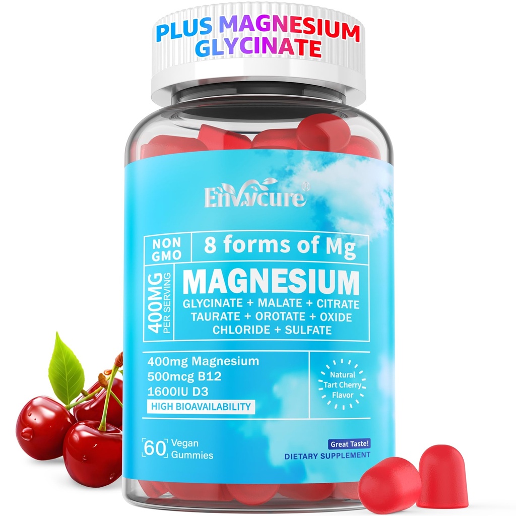 Magnesium Gummies 400mg | som 8 Forms of Magnesium Glycinate, Malate, Citrate, Taurate, Oxide och mer | med Ashwagandha Extract, D3 & B12 Supports for Calm, Zzz, Mood, Muscle Cramp - Vegan 60 Cts