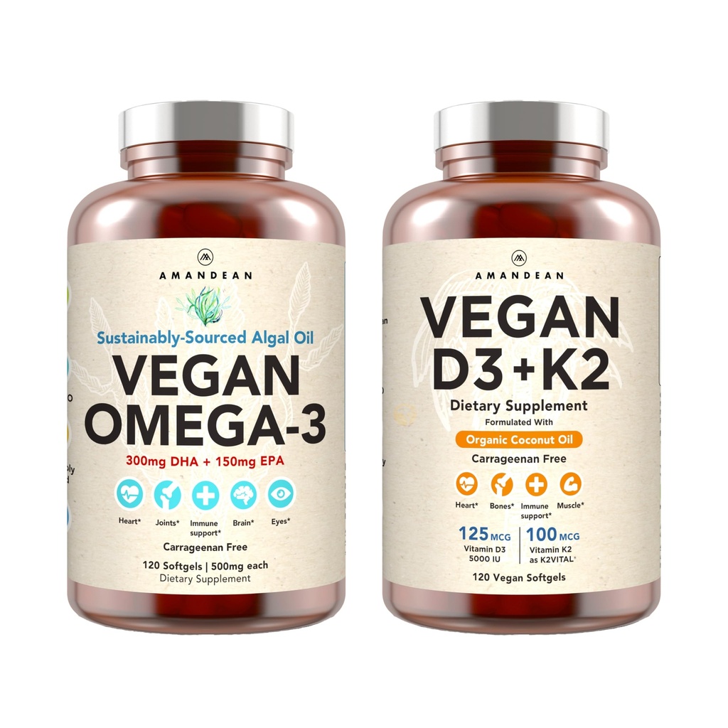 Vegan Powerhouse Combo. Omega-3 Algal Oil & Vitamiin D3 + K2. Plant-Based 5000 iu VIT D Algae. 100 mikrog All-Trans MK-7 Vita K. Carragenan Free Veggie Softgels.