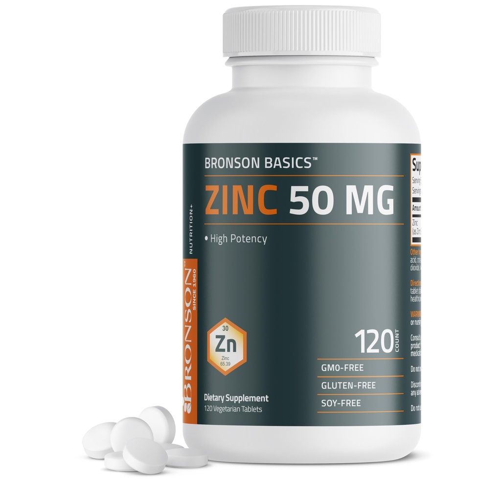 Bronson Sinkki 50 MG Korkea teho tukee ihon terveys - ei-GMO, 120 kasvissyöjä Tabletit