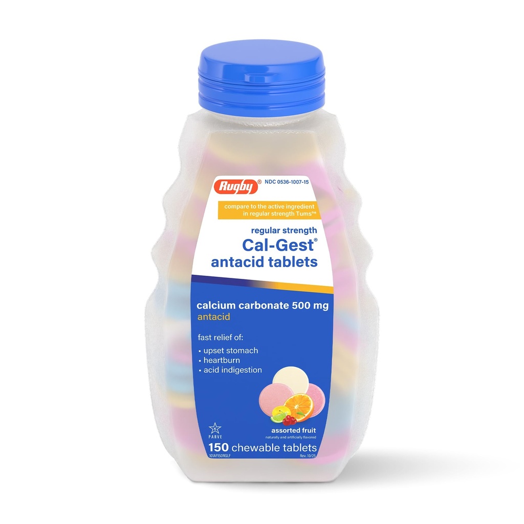 Rugby Calcium Cal-Gest Antacid tabletter - Regelbunden styrka - Kalciumkarbonat 500 mg - Assorterad frukt smak - 150 tuggbar greve (1 Pack)