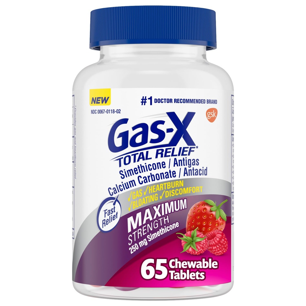 Gas-X kokonaisrelief purutabletti, jonka enimmäisvoimakkuus on Gas Relief Simeticone 250 mg ja Heathburn Relief Kalsiumcarbonate 750 mg, Bloating Relief, Mixed Marries - 65