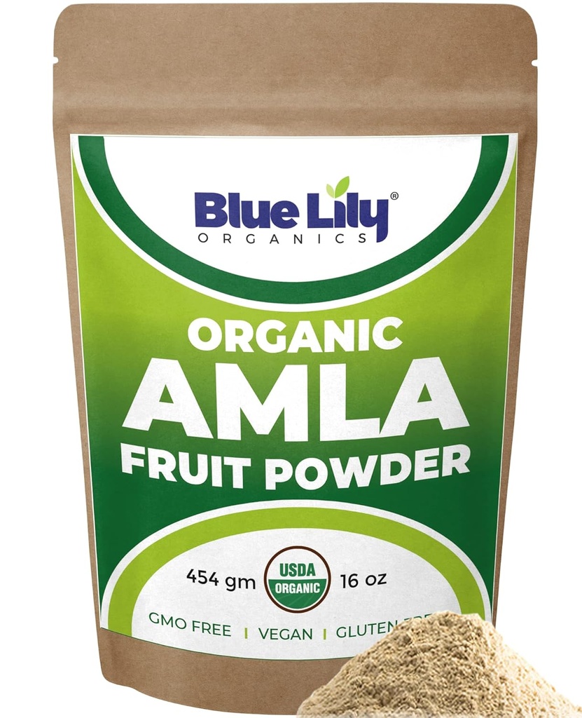 Blue Lily USDA Organic Amla Powder (Amalaki/Indian Gooseberry) 16oz (1lb) Resealable Kraft Bag, 100% Pure Amla Berry Powder, Rich antioksidantti C-vitamiini, tukee tervettä immuunijärjestelmää