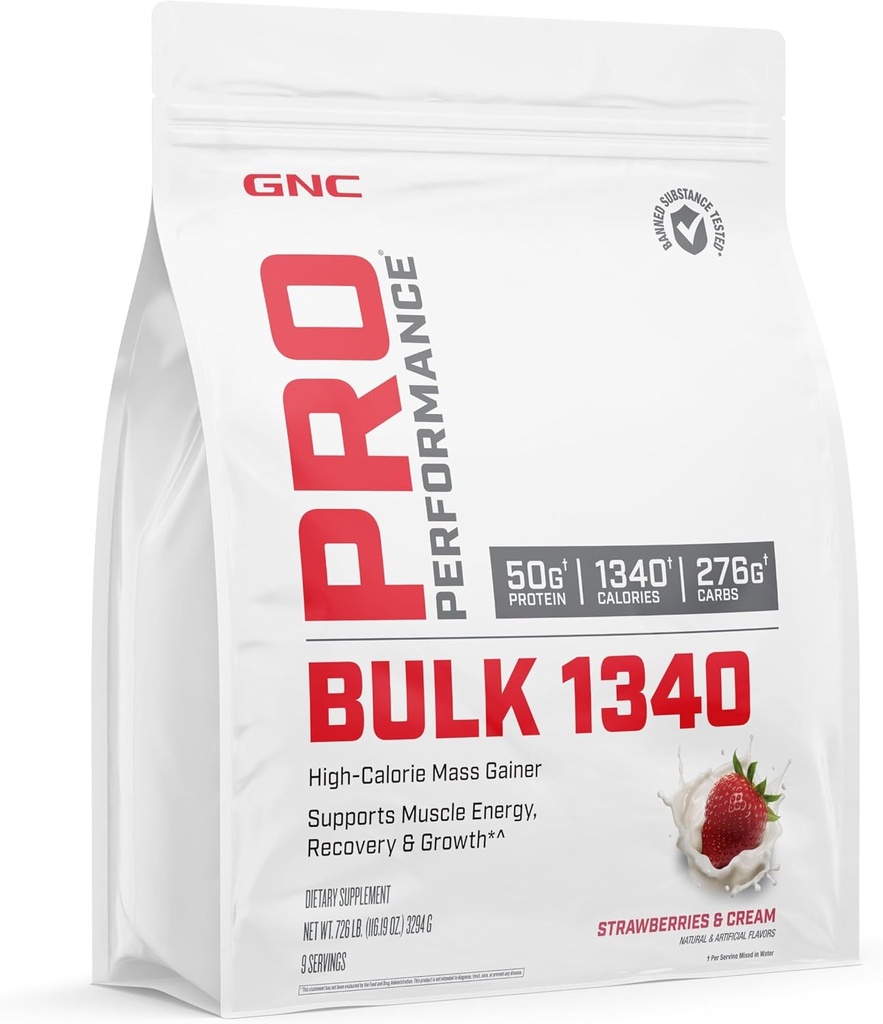 GNC Pro Performance Bulk 1340 Mass Gainer Protein Powder, 50g, Gluteeniton, Whey, Creatiini, BCAA, 3rd Party Tested, Lihasten Recovery & Growth, Micronutrients, Mansikka ja Cream, 9 tarjoilut