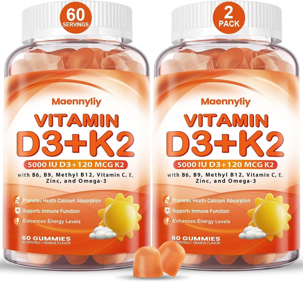 Vitamin D3 K2 Gummies for Adults - Vitamin D3 5000IU + K2 (MK-7) 120mcg - Sugar-Free D3 och K2 Supplements with Omega-3, Methyl B12, B9, B6, Vitamins E & Zink - för Calcium Absorption & Immunhälsa