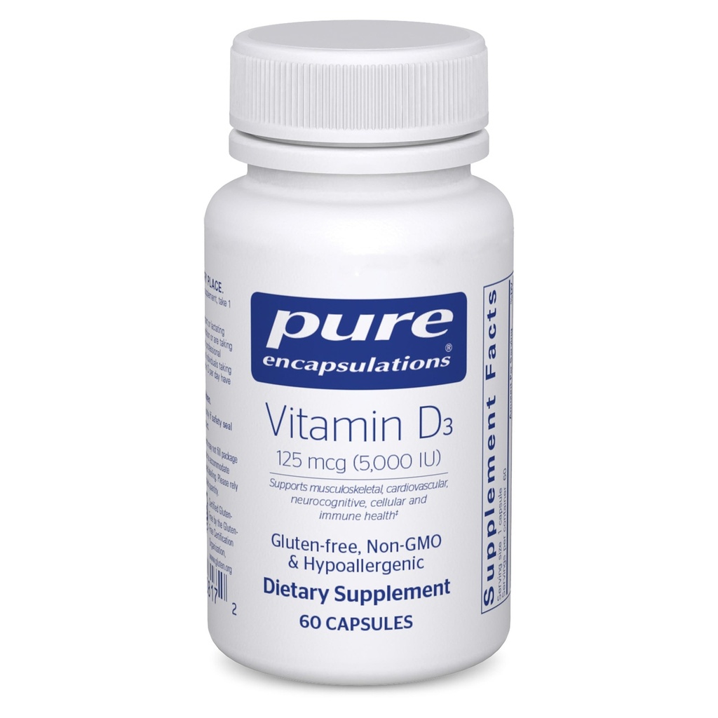D3-vitamiinia (5000 IU) - lisänä Bone-, Joint-, Breast-, Heart-, Colon- ja Immuno Health* - D-vitamiinia - 60 kapselia