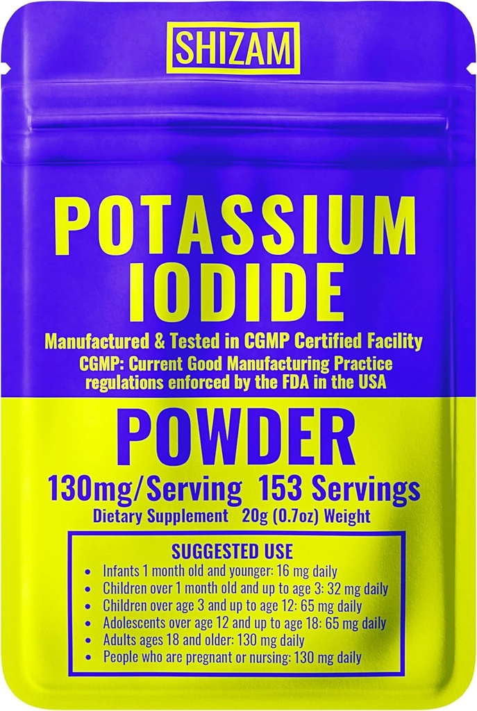 SHIZAM Kalium Iodide 130 mg 65 mg Powder Survival Kit Kit, KI Jodikapselit Nestemäiset Tabletit Tabletit Tabletti, lisäravinteet, valmistelutarvikkeet 130 mg 65 mg