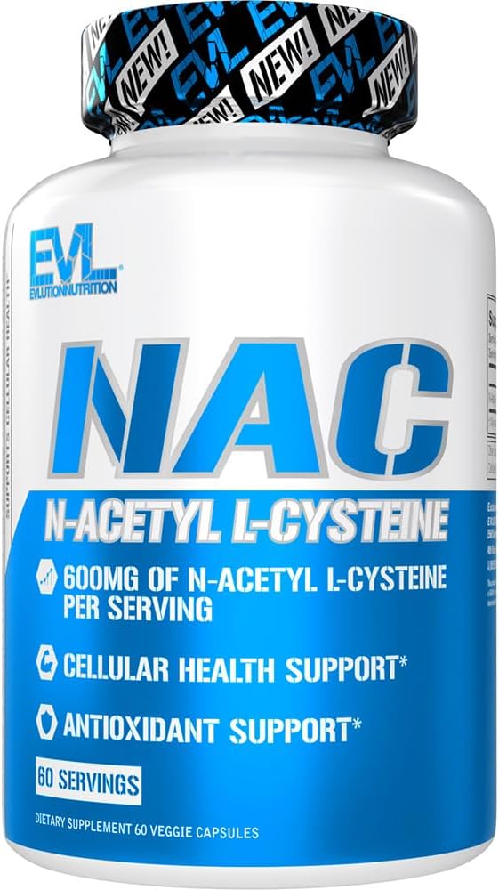 Evluution Nutrition NAC N- Acetyl L-Cysteine - 600 mg N-Asetyl L-Cysteine Per Serving - Antioksidantti Tuki - Terveystuki - Ravintolisä - Vegan & Gluteenittomat - 60 Kasviskapselit - 60 tarjoilua