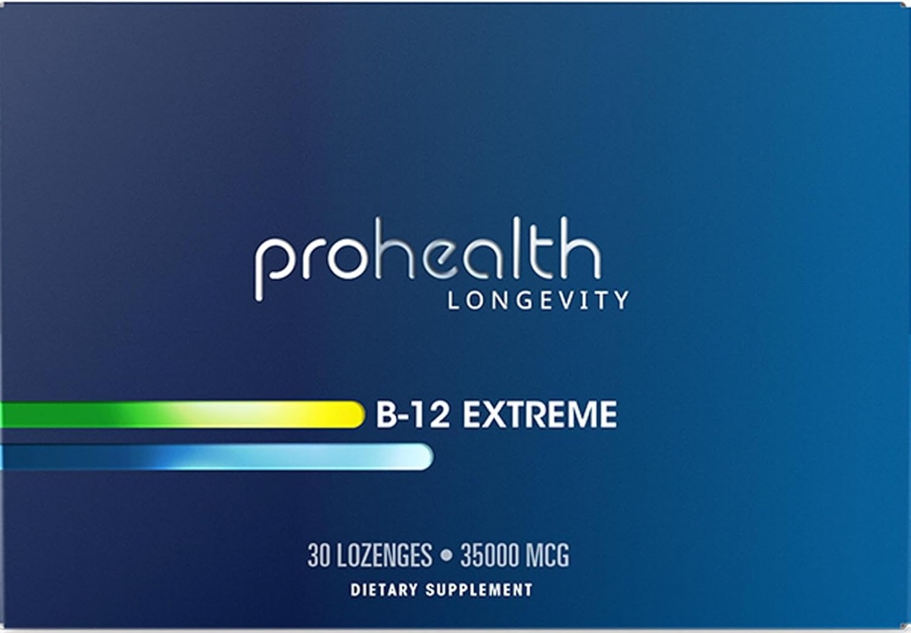 ProHealth-vitamiini B12 Erittäin voimakas - 35 000 mikrog Mega- annos, 7 x vahvuus (30 Sublingual Disolveable Tablet) Ekstravahvuus, B 12- vitamiini, metyylikobalamiini, dibenkotsidi, syanokobalamiini, hydroksokobalamiini
