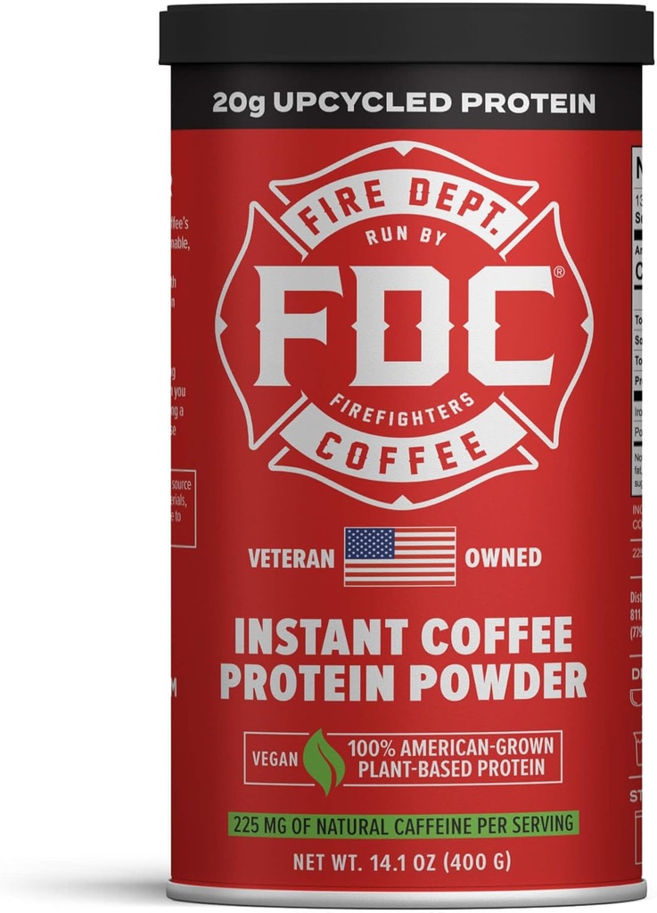 Fire Department Coffee - Ger tillbaka till brandmän - Instant Coffee Protein Powder - Plant Based Protein Powder - 100% amerikansk-växande, tillverkad med Upcycled Barley Protein - Veteran Ägd - 14,1 oz Can