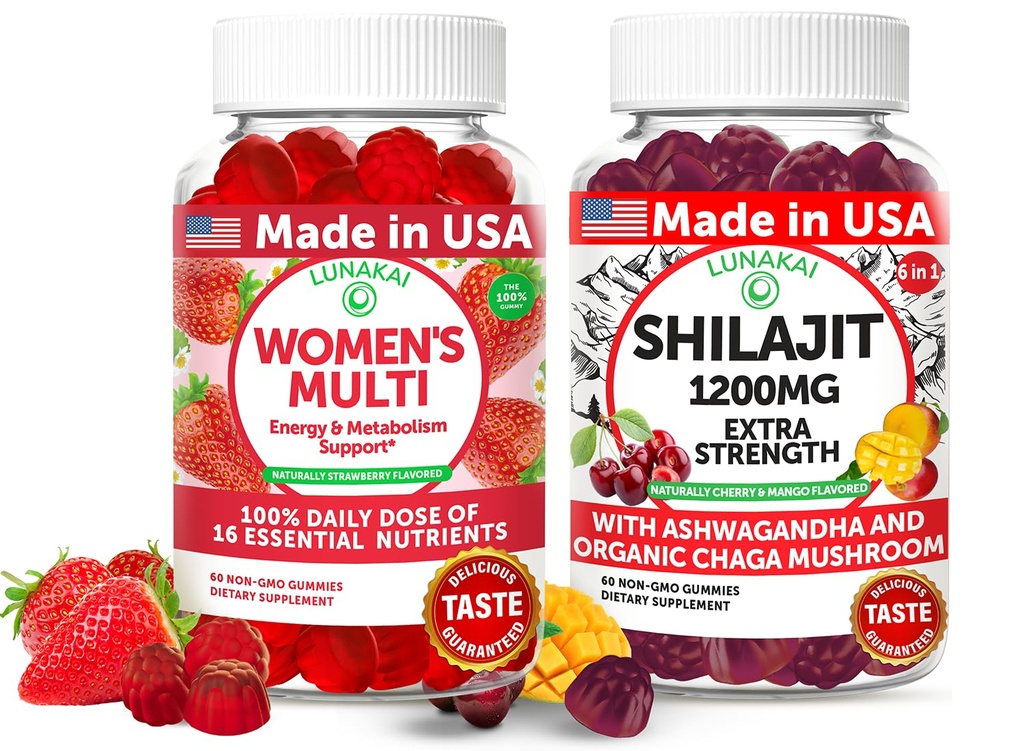 Lunakai USA Made Womens Multivitamin & Shilajit Gummies Bundle - Energi, Immune & Vitality Support - Naturligt smaksatt - 60 icke-GMO Gummies
