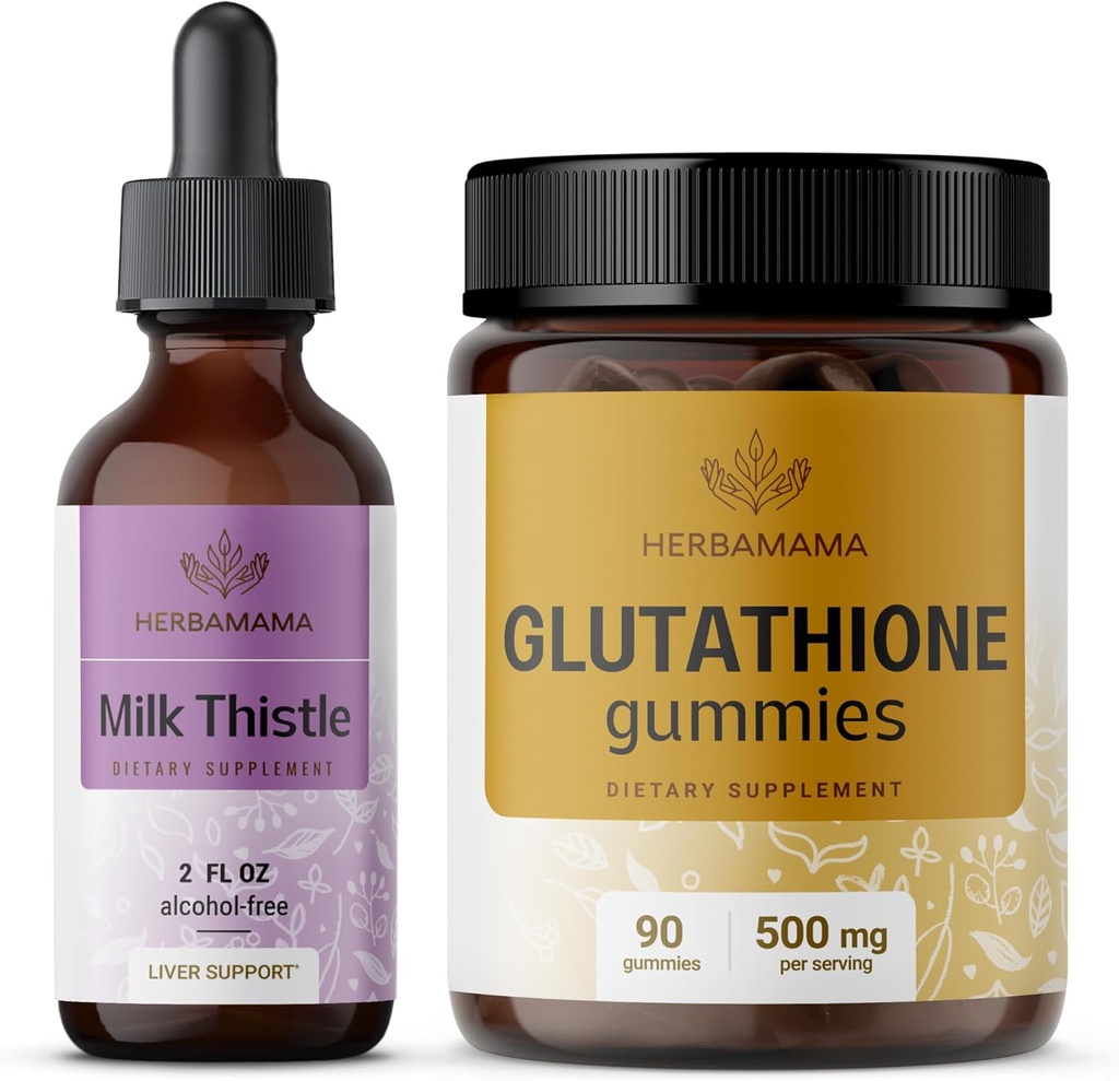 HERBAMAMA Milk Thistle ja Glutatione Kit - Bundle of Milk Thistle Extract 2 fl oz & 500 mg Alennettu L-Glutatione Gummies - Vegaani, ei-GMO, alkoholiton - 2 pakkaus