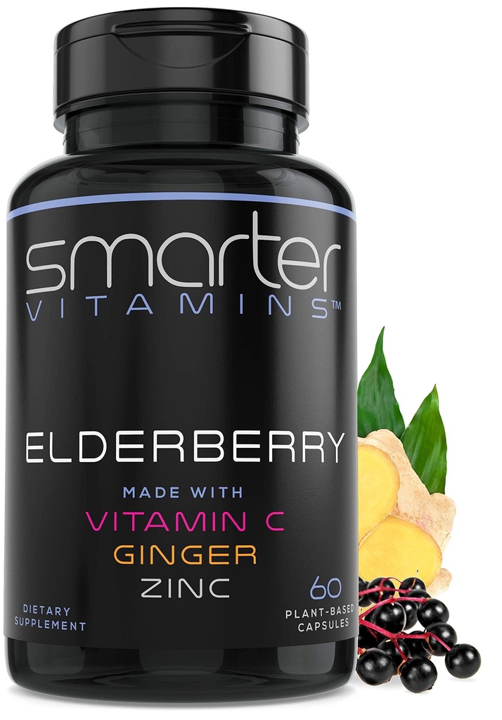 Smartter Elderberry kapselit + C-vitamiini + inkivääri & sinkki, rohdosvalmiste, voimakas musta vanhusmarjauute Antioksidantti vitamiini, 60 vegaanisia pillereitä