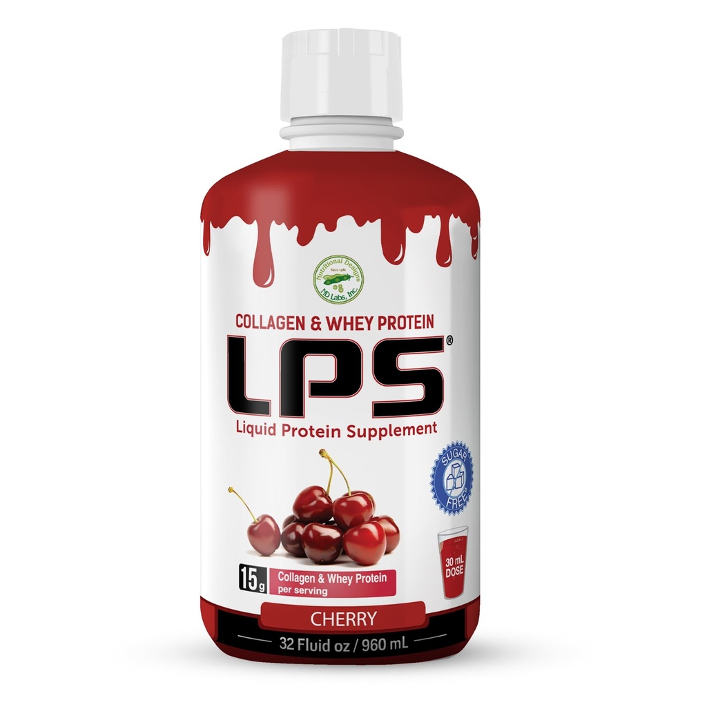 LPS Liquid Collagen & Whey Protein Sugar-free, Dye-free, non-GMO Drink - Hydrolysed Collagen & Whey Peptides edistää terve iho & hiukset miesten & naisten, Cherry, 32 fl oz