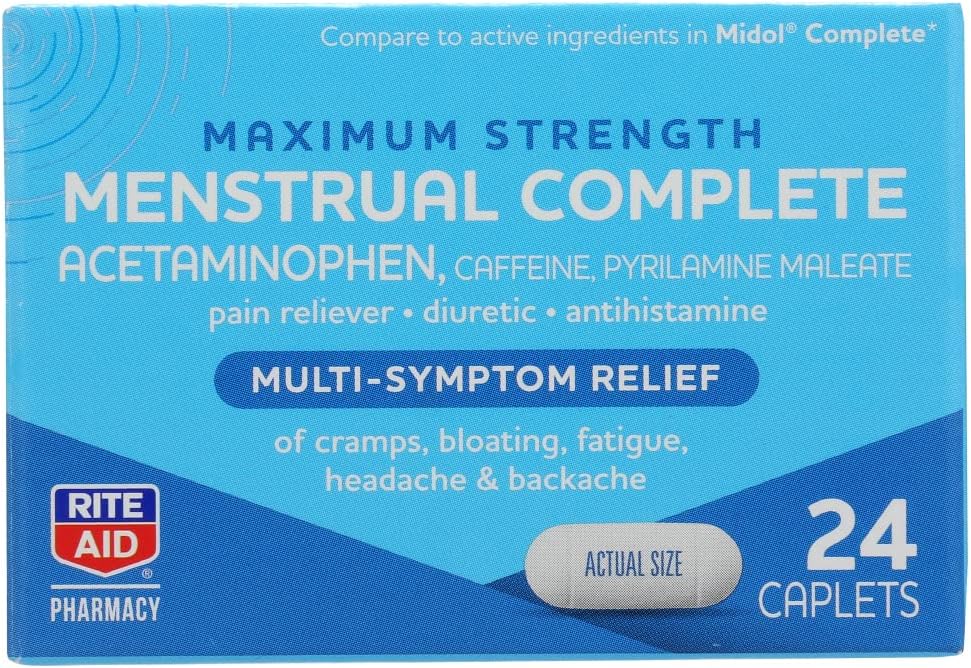 Rite Aid, Pharmacy Menstrual Multi Symptom Relief Caplets Maximal Styrka, 24 Räkna