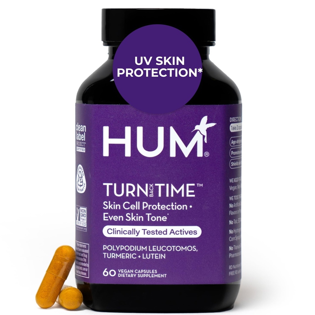 HUM Turn Back Time Turmeric Supplement for Youthful Looking Skin Support with Green Tea Extract, Lutein & Polyphenols, Ihonhoito ikääntyminen & Kollageeni Tuki kapselit Even Tone, 60 Vegaani kapselia
