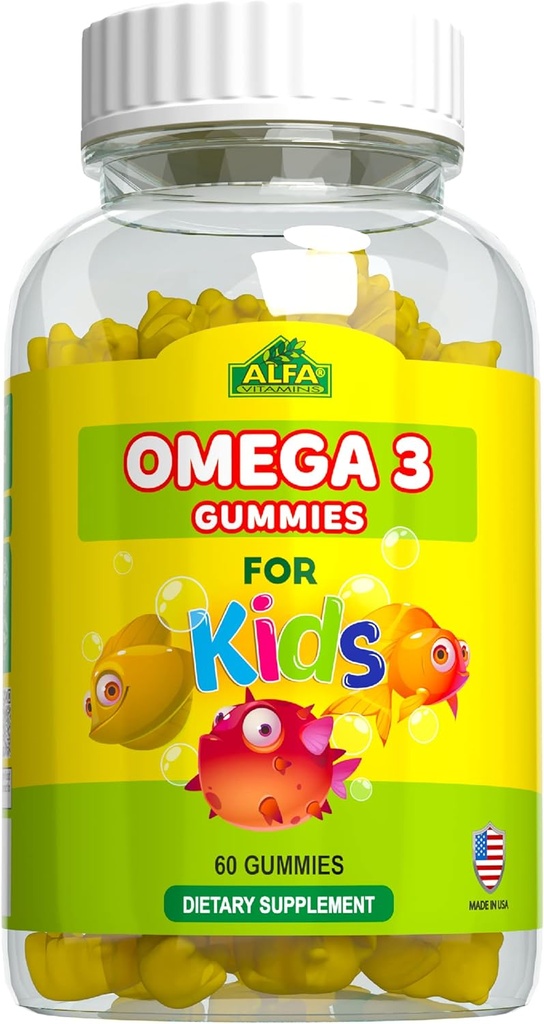 ALFA VITAMINS Omega 3 Lapset Gummies, Tukee aivojen kehitystä, Heart Health & Vision, Helppo pureskella, Omega 3 täydennysosa lapsille, Orange maku, Ei kalamaista makua, 3 Gummies päivittäin, 60 Gummies