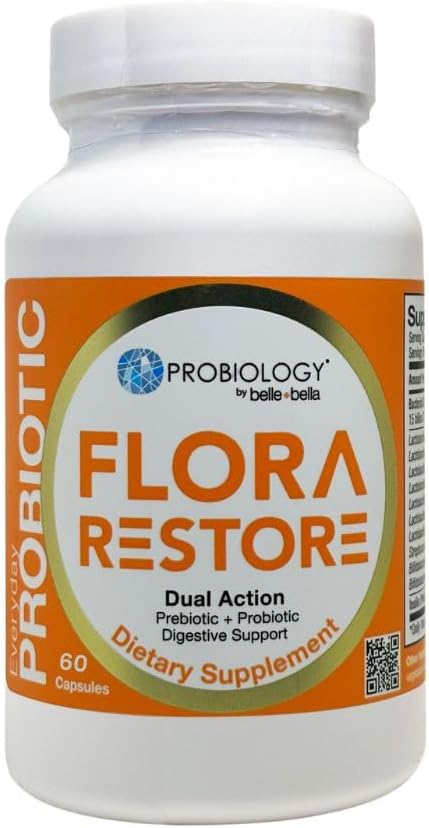 Belle+bella Flora Restore Daily Probiotic - 15 miljarder levande kulturer - Probiotika & Prebiotika för Digestive & Gut Health - Immune Support - Främjar Regularitet - Vegan & Gluten Free - 60 Caps