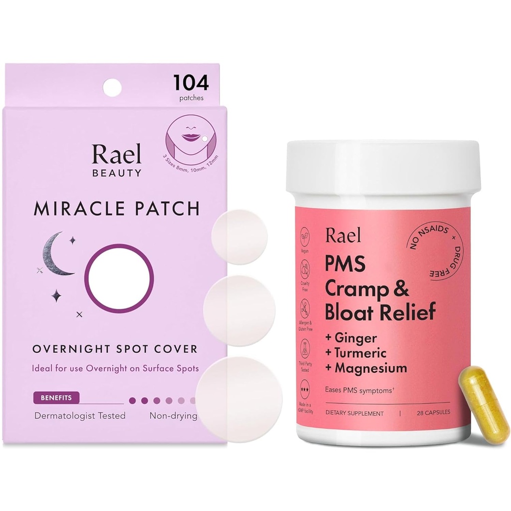 Rael Bundle - Övernattning Spot Cover Pimple Patches (104 greve) & PMS Supplement för kvinnor (28 kapslar)