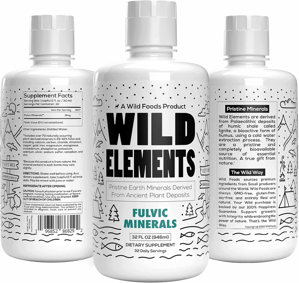 Wild Elements Gut Tuki Fulvic Acid Mineral Blend Johdettu muinaisten Plant talletukset, Heal Gut Lining, Parantaa kognition ja immuniteetin, 70+ Minerals, Kaikki luonnolliset, 32 oz
