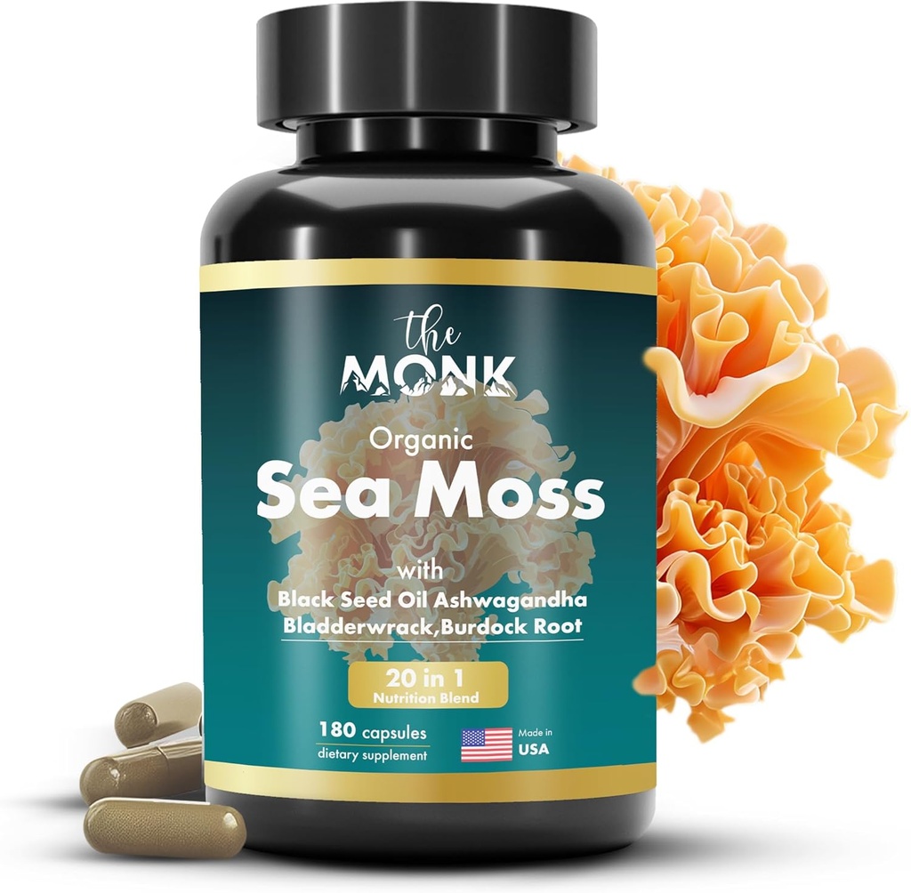 Organic Irish Sea Moss Capsules - Advance Formula, Raw Wildcrafted Seamoss Supplement med Bladderwrack och Burdock Root - 180 Pills - Tillverkad i USA