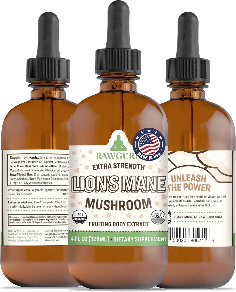 RawGuru Lion's Mane Mushroom Tincture - Vegan Lion's Mane Extract Trace Minerals - Nano-Processed Immuniteetti Boost & Cognitive Supplement - 120 tarjoiluja Vegan Drops / 120 ml, pakkaus 1