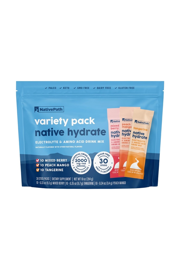 NativePath Native Hydrate Stick Pack, jossa on elektrolyyttejä ja aminohappoja, Variety Pack, Mixed Berry, Peach Mango, Tangerine, 30 Tarjoilut